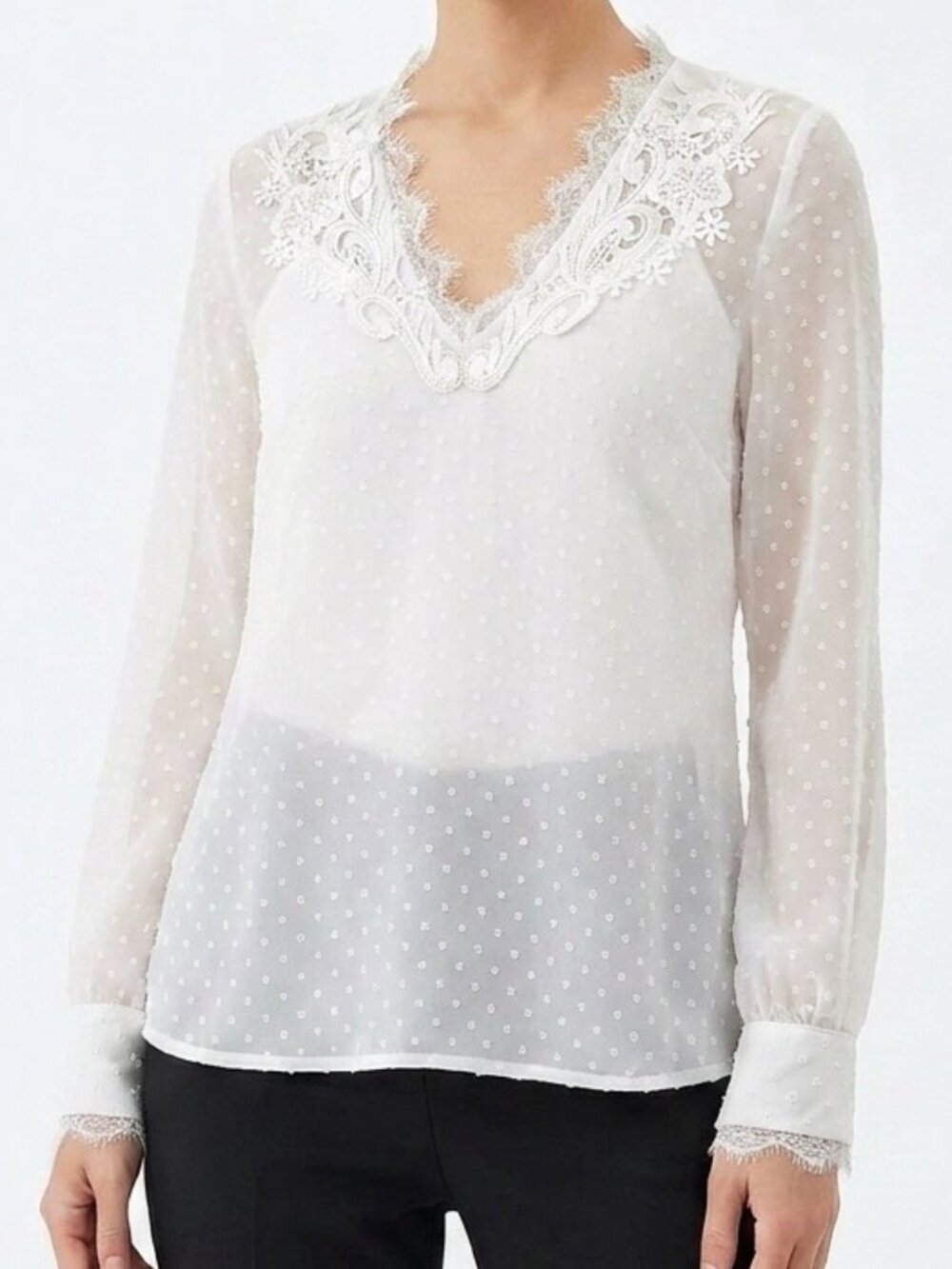 BCBG Sheer Dobby Dot Lace Trim Chiffon Blouse- Sz. Sm